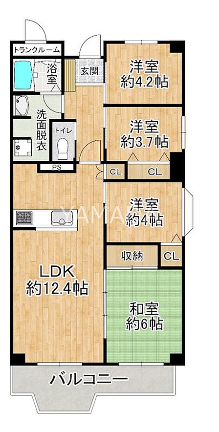 4LDKの間取りは、ご家族の暮らしにゆとりをもたらします。LDK約12.4帖は開放感があり、和室は多目的に利用可能です。各居室に収納スペースも確保されています。