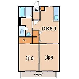 グリーンフィールド成出C棟 2DKの間取図画像