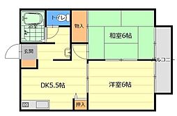 JR鹿児島本線 九州工大前駅 徒歩21分の賃貸アパート 2階2DKの間取り