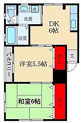 矢野マンション 2DKの間取図画像