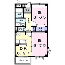 サニーセトル弐号館 2DKの間取図画像