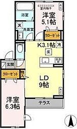 ルリアン小田原 2LDKの間取図画像