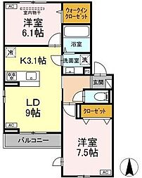 ルリアン小田原 2LDKの間取図画像