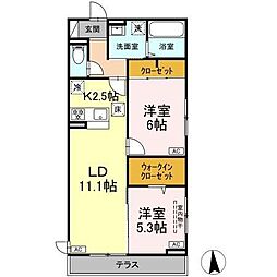 D-ROOM小田原2丁目A 3階2LDKの間取り