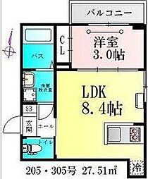 Clover木ノ下 2階1LDKの間取り