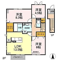 リバーサイドハイツ 2階3LDKの間取り