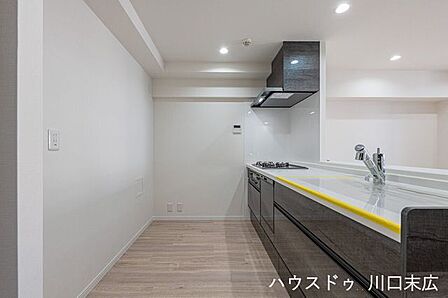 木目調パネルが美しい対面式キッチン。背面には冷蔵庫やカップボードを置くゆとりがあり、調理中もリビングの家族と目を合わせられるため、家事の時間も楽しく過ごせます。