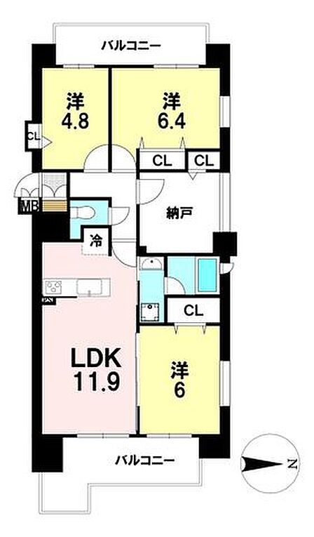 角部屋×二面バルコニー+* 専有面積(壁芯):69.02m2 バルコニー面積:14.09m2
