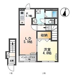 Sereno　K　（セレーノケイ） 2階1LDKの間取り