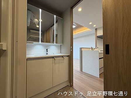 三面鏡付き洗面化粧台を設置。鏡裏収納や照明を備え、身支度用品もすっきり整理できます。