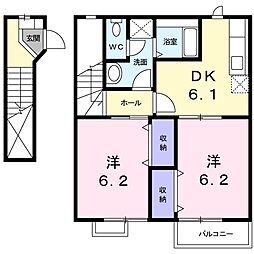 グランドゥール山川壱番館 2DKの間取図画像