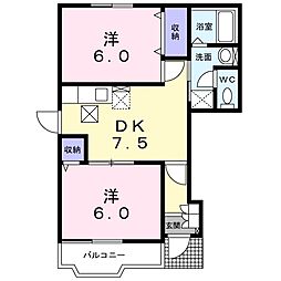 サンライトハウスB棟 2DKの間取図画像