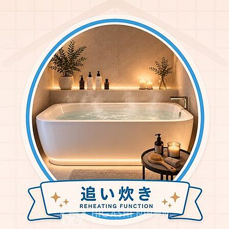 追い焚き機能付きで、ご家族の入浴時間が異なっても快適。いつでも温かなお湯でゆったりとしたバスタイムを楽しめます。※掲載画像はイメージであり、実際の設備・仕様・形状とは異なる場合があります。