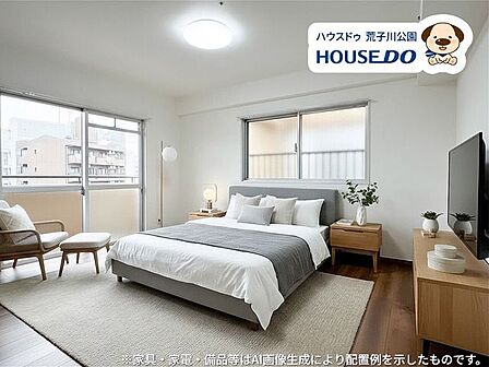 バルコニー付の北側洋室。※家具・家電・備品等はAI画像生成により配置例を示したものです。