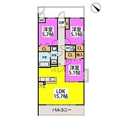 北九州市八幡西区馬場山西マンション 3LDKの間取図画像