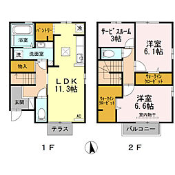 セジュール古国府C 2SLDKの間取図画像