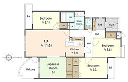 公社木津かぶと台団地10号棟 4LDKの間取図画像