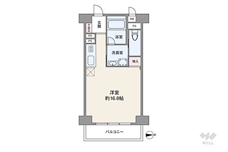間取りは専有面積27.3平米の1R。広々とした16帖大の洋室のプラン。水回りは全て独立しています。バルコニー面積は3.9平米です。