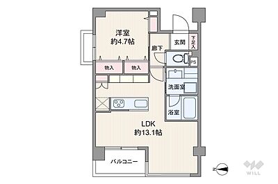 間取り：間取りは専有面積45.74平米の1LDK。LDK約13.1帖のプラン。バルコニー面積は3.92平米です。