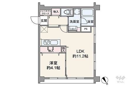 間取りは専有面積37.18平米の1LDK。LDK約11.2帖の縦長リビングのプラン。