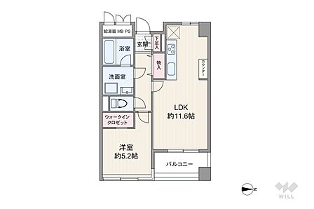 間取りは専有面積43.49平米の1LDK。バルコニー面積は4.35平米です。