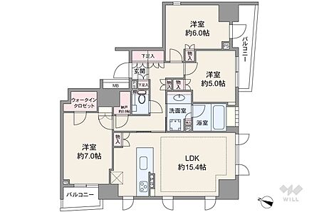 間取りは専有面積77.25平米の3LDK。LDK約15.4帖のプラン。複数方向に採光部があり、バルコニー面積は8.02平米です。