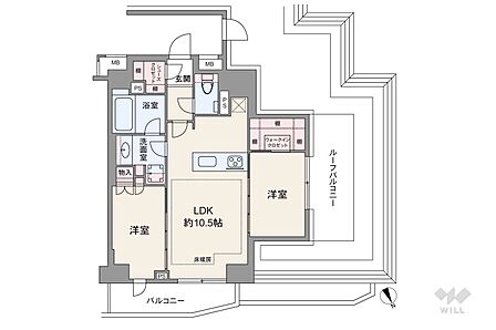 間取りは専有面積44.81平米の2LDK。ルーフバルコニー付きのプラン。複数方向に採光部があり、バルコニー面積は4.94平米です。