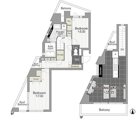 LDK15畳超×ルーフバルコニー付の開放的なメゾネット構造。