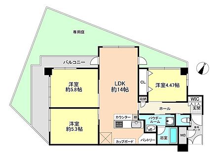 広々14帖LDKと3室の洋室、専用庭付き3LDK!収納も充実専用庭とバルコニーを設けた開放感ある間取り。14帖の快適LDKを中心に、独立性の高い洋室3室とパントリー、WICなど収納も豊富です。