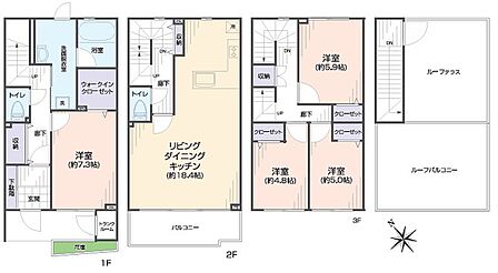 全室洋室の4LDK、100m2超のゆとりの間取り。約18.4帖の広いLDKを中心に、各洋室の収納やウォークインクローゼットも充実。バルコニーと開放的なルーフテラスを備え家族が快適に暮らせる住まいです。