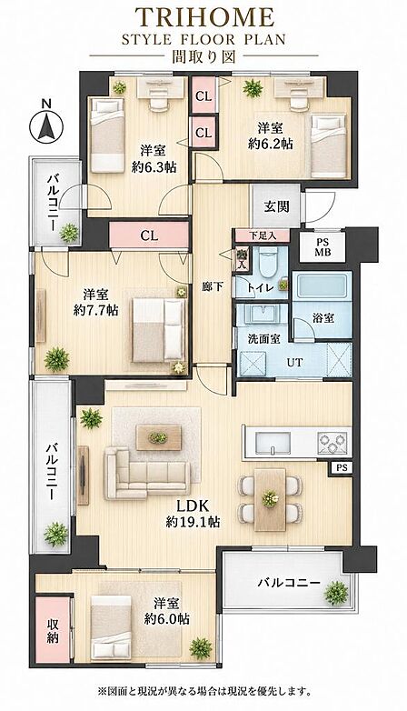 専有面積98.84m2の4LDK。LDK約19.1帖に加え、全洋室6帖以上を確保した間取りです。各居室に収納を備え、ご家族の荷物も整理できます。3面のバルコニーが室内と外をつなぎ、広がりを感じられます