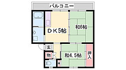 ビレッジハウス柏原1 2DKの間取図画像