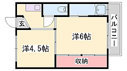 ビレッジハウス朝日ケ丘1号棟 1DKの間取図画像