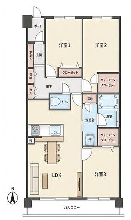 間取図3LDK・専有面積73.23m2の住戸です。洋室1約4.5帖、洋室2・3各約5.5帖、LDK約13.5帖の間取りです。収納も各所に配置され、荷物が多いご家庭にも安心の間取りです。