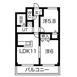 菊井中京ハイツ 2DKの間取図画像