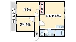 サンシティ平津B棟 2LDKの間取図画像