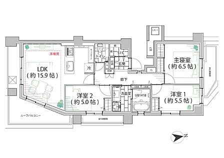 3LDK(専有面積77.35平米/バルコニー13.90平米)
