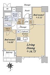 ドゥ・トゥールWEST棟 2LDKの間取図画像