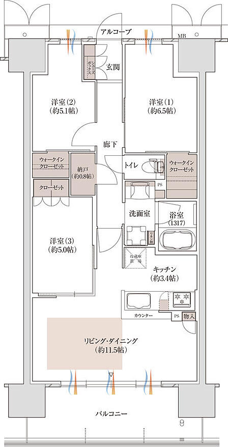 70.80m2・3LDK。2つのウォークインクロゼットと納戸も備わった収納豊富な間取り♪