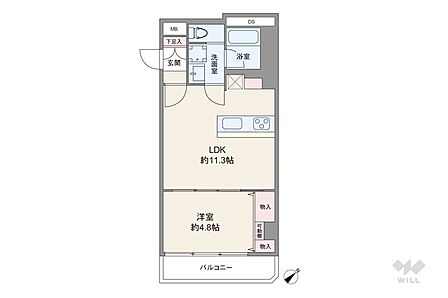 間取りは専有面積37.31平米の1LDK。LDK約11.3帖のセンターリビングのプラン。バルコニー面積は3.69平米です。
