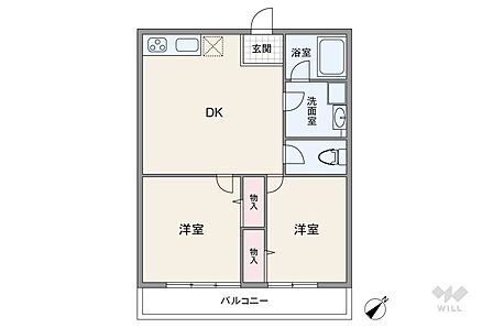 間取りは専有面積45.36平米の2DK。センターリビングのプラン。バルコニー面積は4平米(概算)です。
