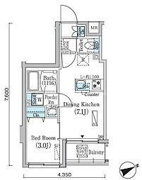 PrimeBliss蔵前 1DKの間取図画像