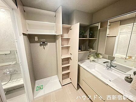 豊富な収納を備えた洗面所で、タオルや洗面用品などを用途別に整理できます。