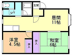 高丘第8桧荘 2LDKの間取図画像