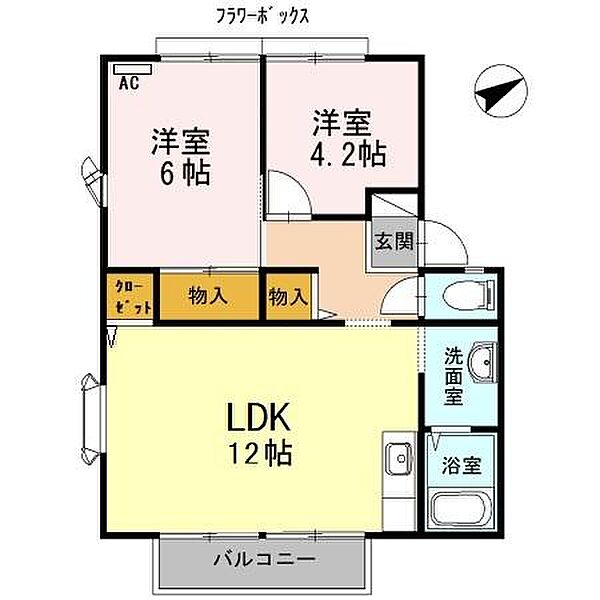 サンビレッジ小野田　B棟 202｜山口県山陽小野田市日の出１丁目(賃貸アパート2LDK・2階・52.84㎡)の写真 その2