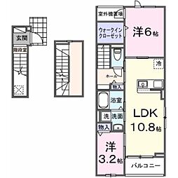 ヒカルサ⼟浦神⽴イーストI 3階2LDKの間取り