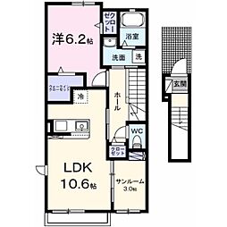 アイランドヒルズ右籾　II 2階1LDKの間取り