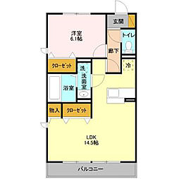 プリムヴェール二の宮 3階1LDKの間取り