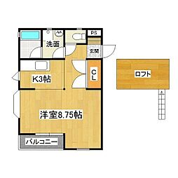 ハッピーコートB 1Kの間取図画像