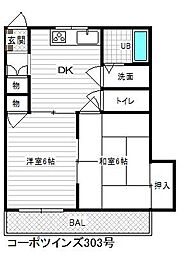 コーポツインズ 2DKの間取図画像